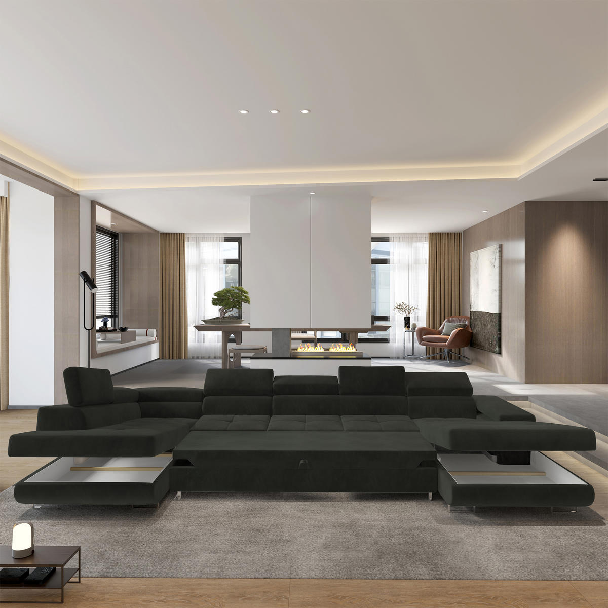 WOHNLANDSCHAFT TORIVA L-S Schwarz Velours-Stoff mit Schlaffunktion - Schwarz, Holz (418/90/202cm) - MASSENO