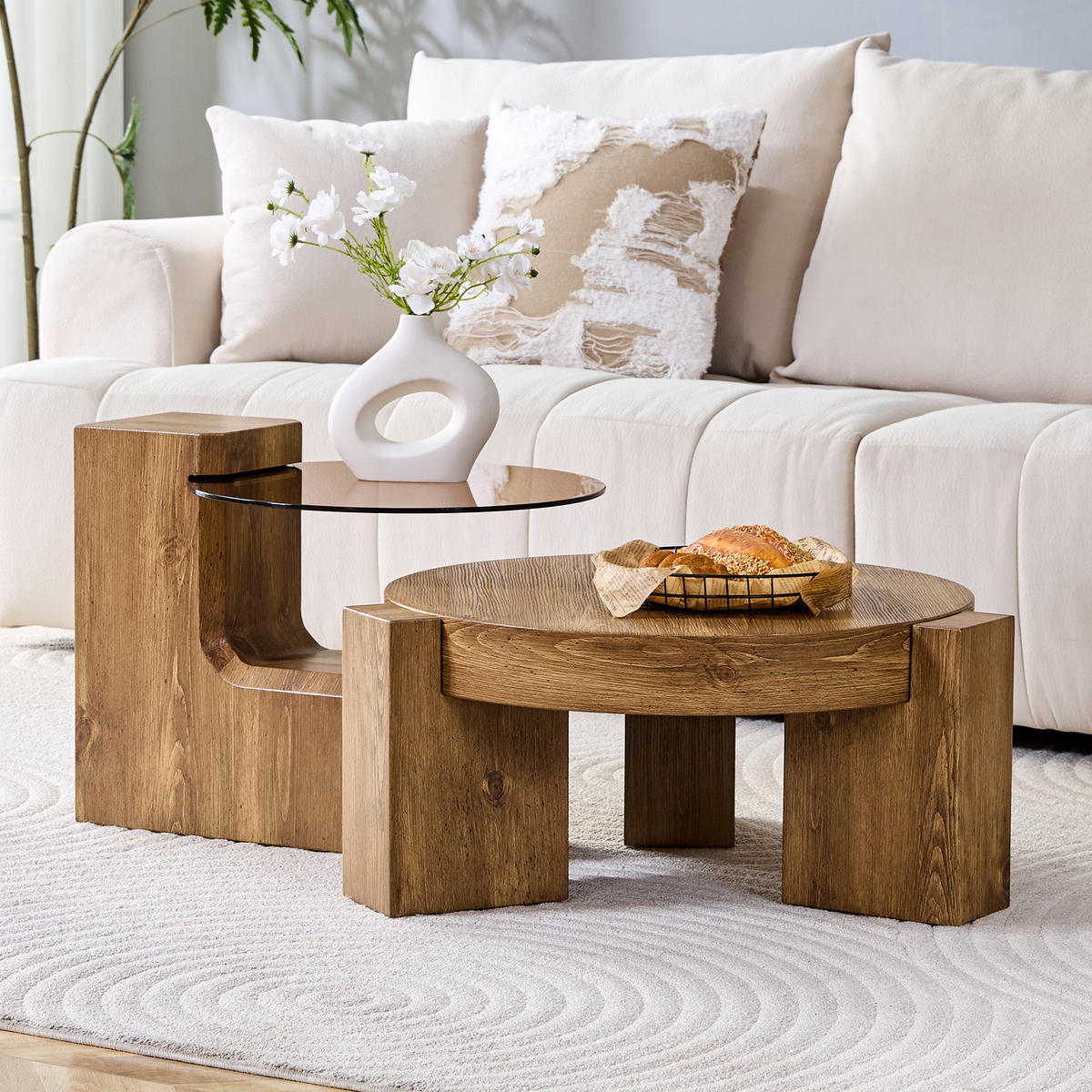 COUCHTISCH-SET 61/61/30 cm trennbar mit 2 Ebenen, Sicherheitsglas und Stauraum, Holzoptik/Braun - Naturfarben, Holzwerkstoff (61/61/36cm) - Redom