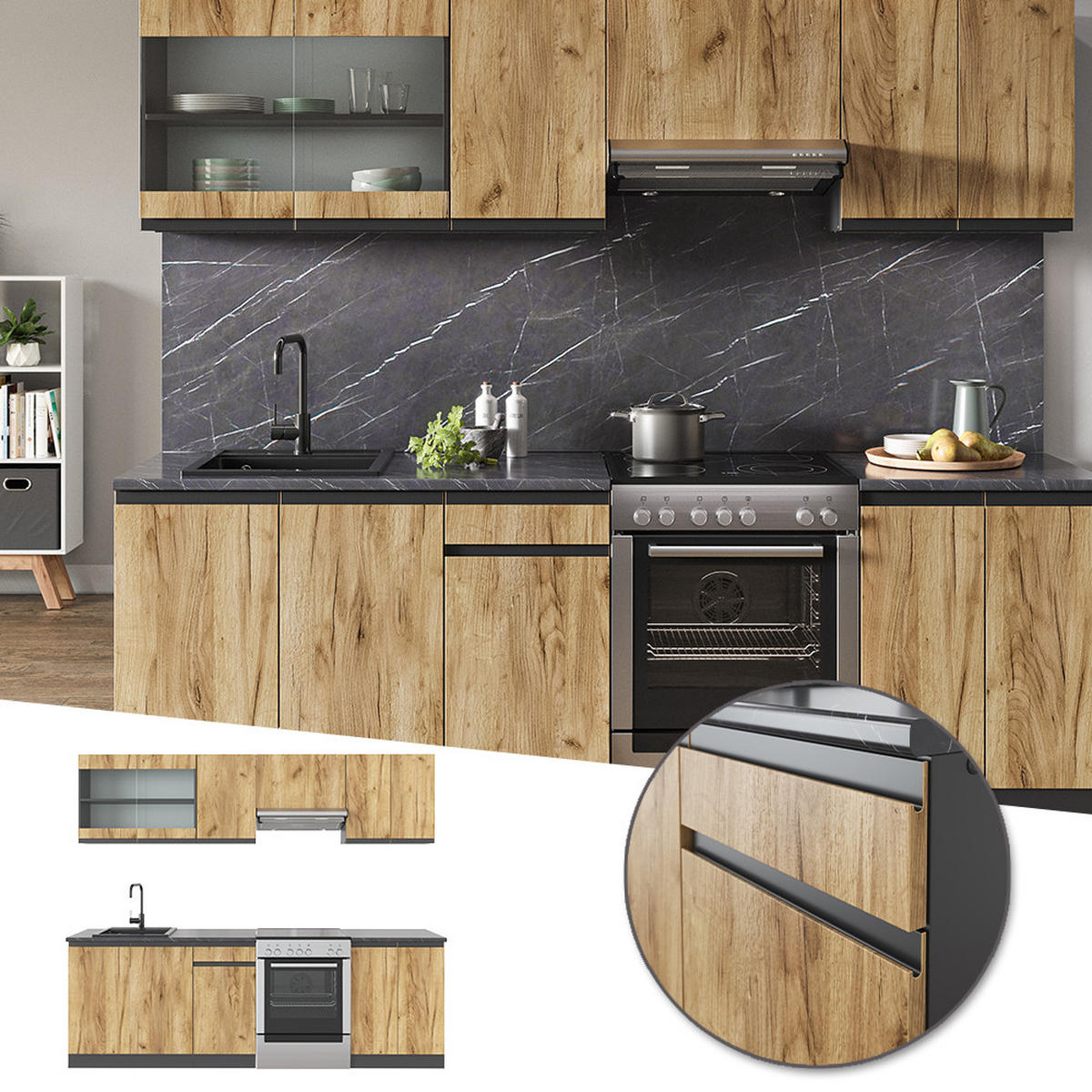 KÜCHENZEILE Raul Goldkraft Eiche/Anthrazit 240 cm - Honigeiche/Anthrazit, Holzwerkstoff (240/81.6/46cm) - Vicco