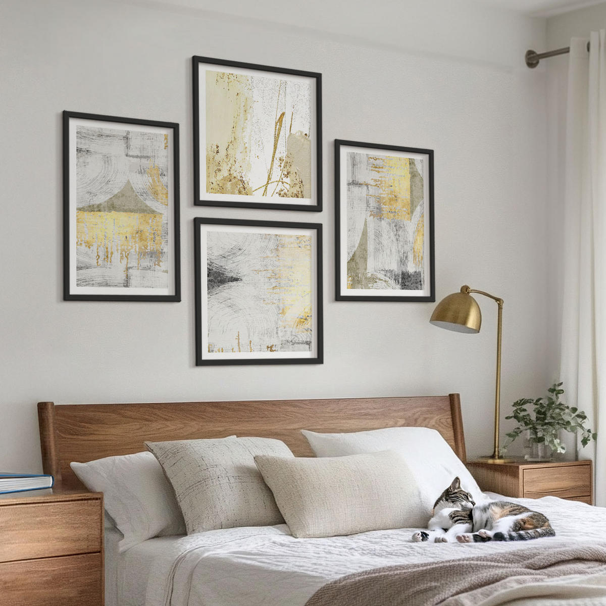 BILDER SET 4er Set - 50x50 cm & 40x60 cm Schwarzer Rahmen - Abstrakte minimalistische Muster - Schwarz, Kunststoff (50/50cm) - TULUP