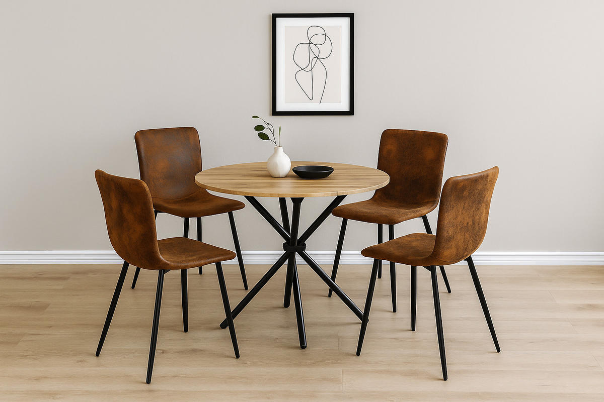 ESSZIMMER SET – 1 Tisch + 2 Stühle – Holzoptik & Wildleder - Braun, Holzwerkstoff/Metall (80/75/80cm) - Urban Meuble