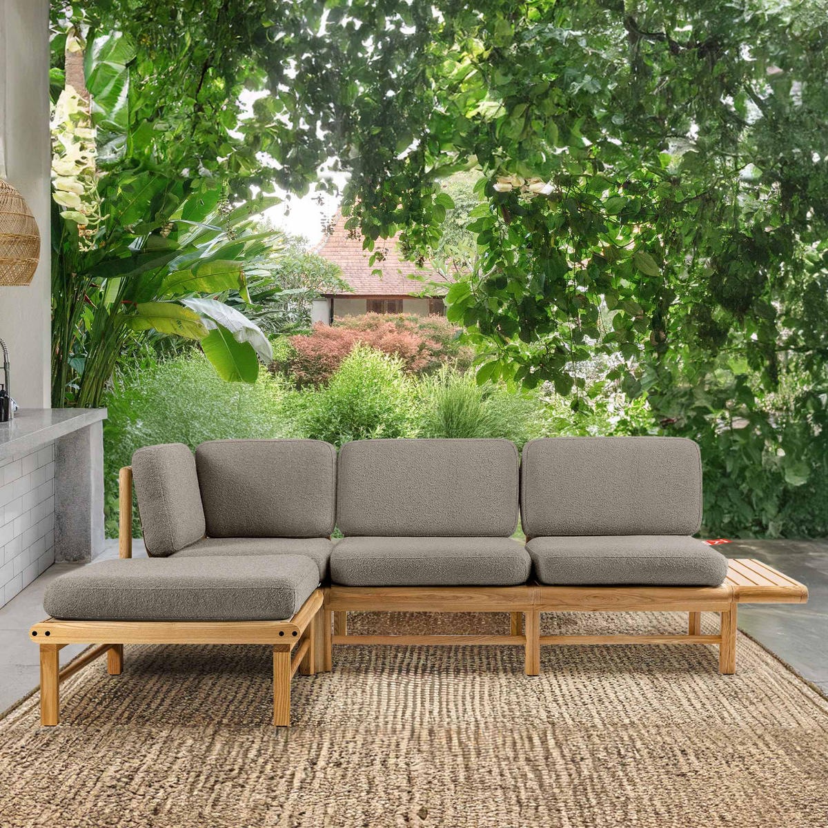LOUNGESOFA ATREDA links - Grau, Holz/Textil (245/74/150cm) - KONSIMO®