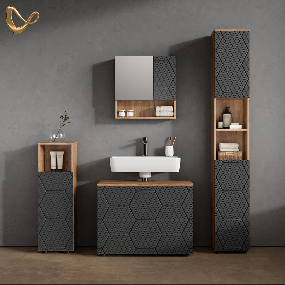 BADMÖBEL-SET Ronco Anthrazit gestreift 4 Teile, mit Schubladenschrank und Hochschrank - Anthrazit/Eiche Wotan, Holzwerkstoff (80/58/41cm) - Livinity®