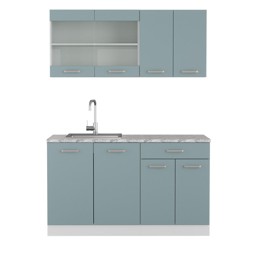 SINGLEKÜCHE R-Line Blau-Grau 140 cm, AP Marmor - Blaugrau/Weiß, Holzwerkstoff (140/81.6/60cm) - Vicco