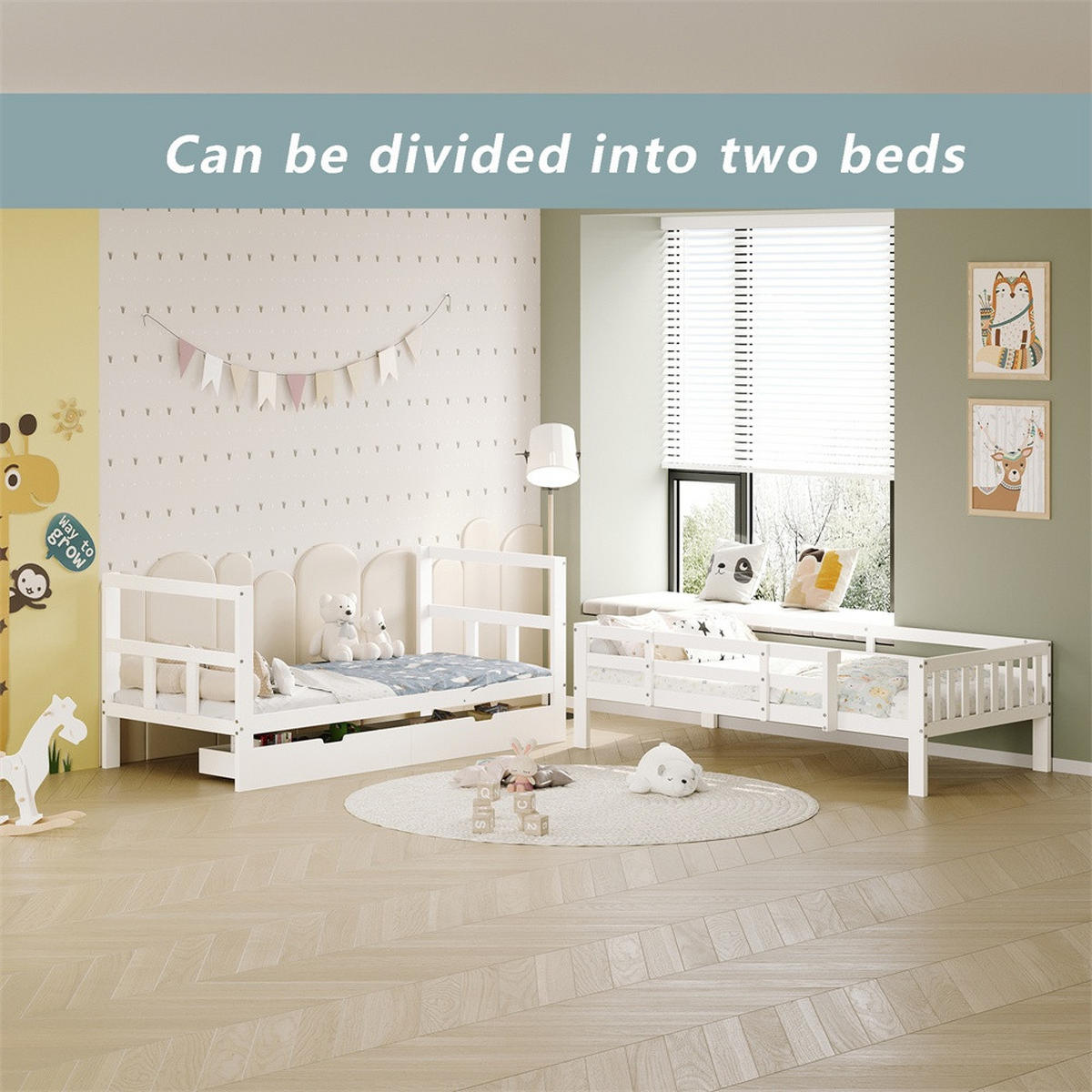 ETAGENBETT 90x200 cm - teilbar in zwei Einzelbetten - mit 2 Schubladen - ohne Matratze - Weiß - Weiß, Holz (90/200cm) - DELFA