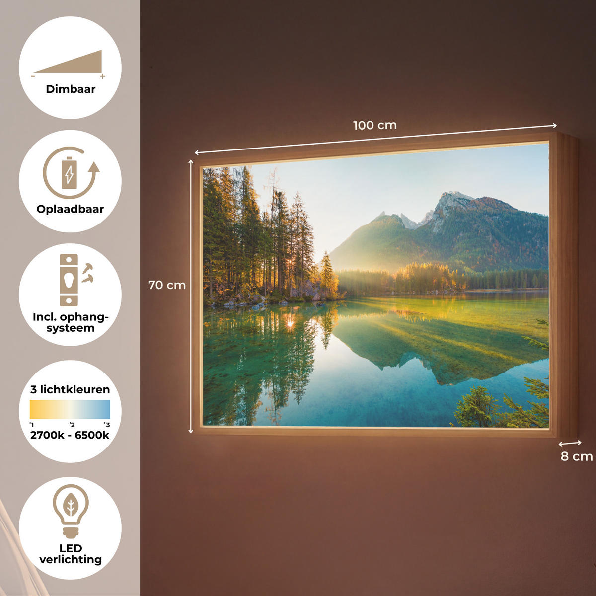 WANDLEUCHTE MIT AKKU See - Wald - Berge - Natur - Sonne - Landschaft 100x70 cm - Grün, Holzwerkstoff (100/70/8cm) - OnlyWow