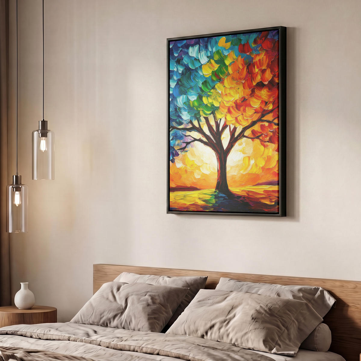 LEINWAND Bilder mit Rahmen - Baum - Kunst - Natur - Sonnenuntergang - 50x70 - Multicolor, Textil (50/70cm) - MuchoWow