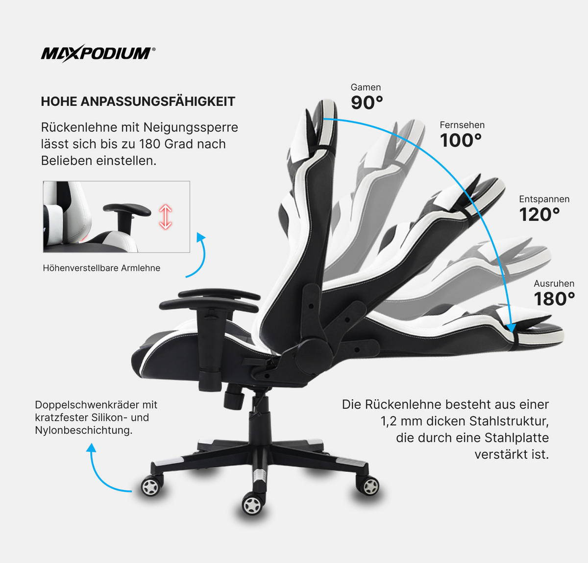 GAMING-STUHL Skilled Schwarz Weiß - Weiß, Metall (55/137/50cm) - MaxPodium