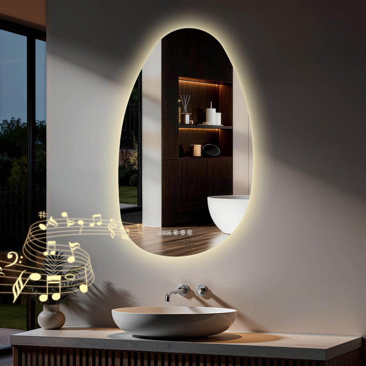 BADSPIEGEL MIT BELEUCHTUNG 85/50 cm asymmetrisch Bluetooth LED mit Antibeschlag - Transparent, Glas (85/50/3cm) - S'AFIELINA
