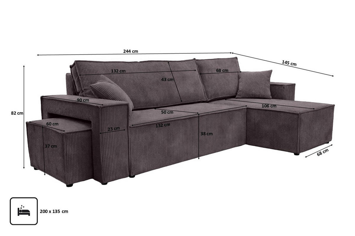 ECKSOFA Mit Schlaffunktion Und Pouf, Cordstoff Poso, Dunkelgrau, Rechts, Best L Mit Pouf - Dunkelgrau, Holz (244/145cm) - Kaiser Möbel