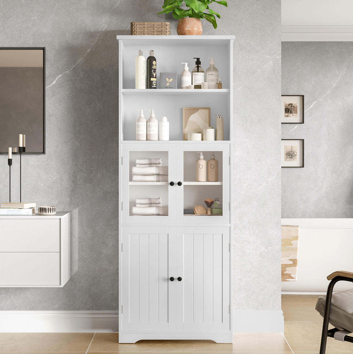 HOCHSCHRANK aus lackiertem MDF mit Glastür und verstellbaren Einlegeböden, 57,5/28,5/160 cm, Weiß - Weiß, Holzwerkstoff (57.4/160/28.5cm) - Redom