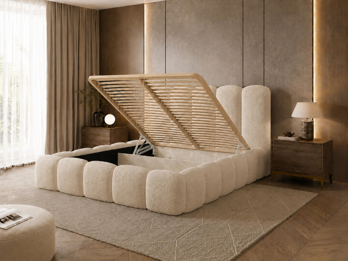POLSTERBETT TEDDY 120x200 cm in Beige, gepolstertes Kopfteil, Lattenrost, Bettkasten, Bouclé-Stoff - Beige, Holz/Textil (120/200cm) - EMLAR Home