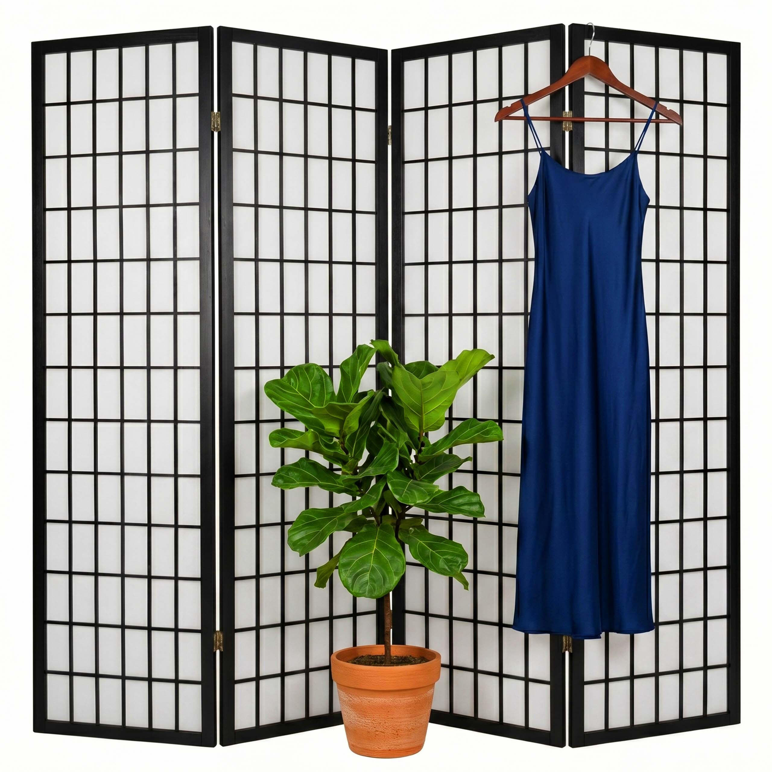PARAVAN Negru 4-piese Bambus material textil cadru din lemn