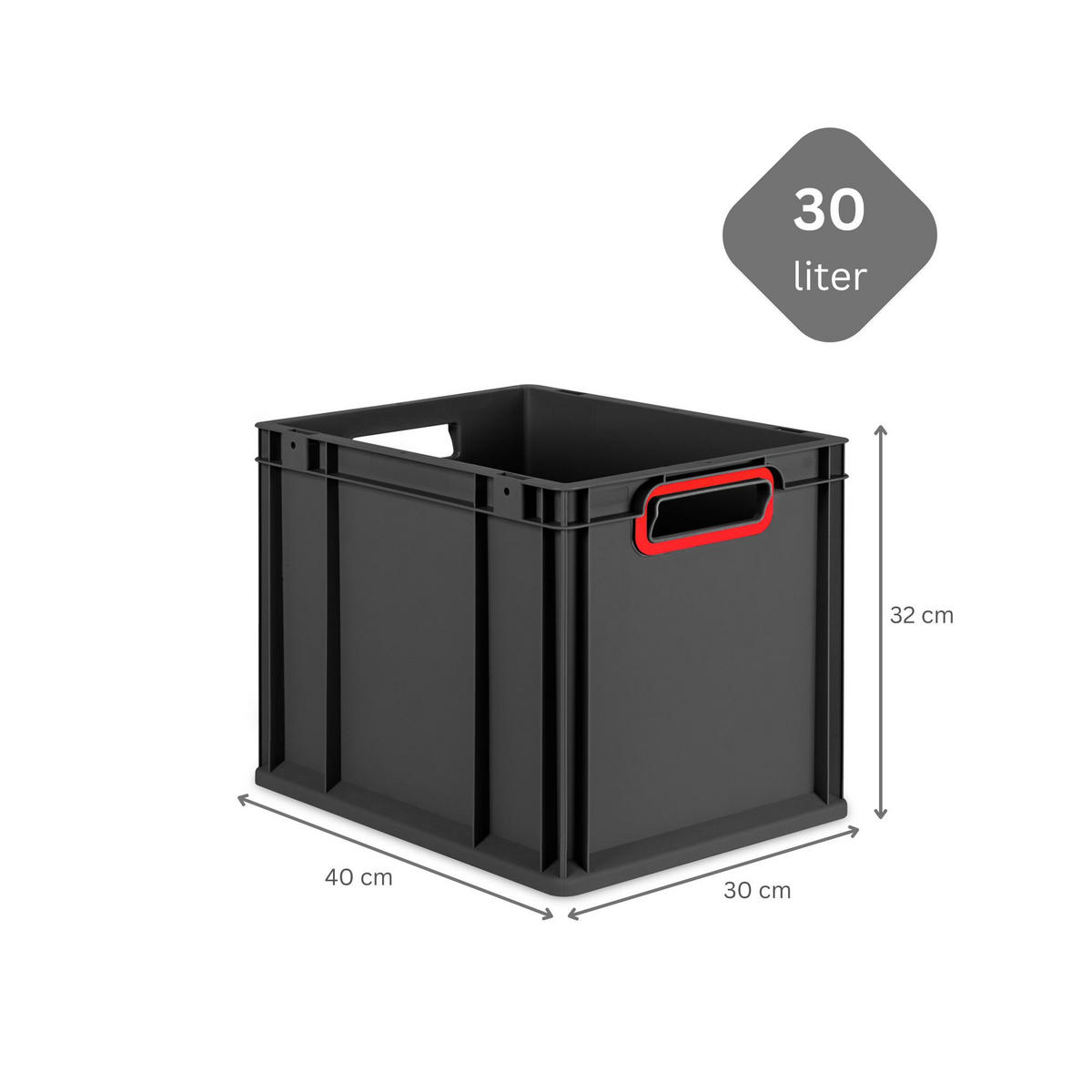 EUROBOX 4x NextGen Color mit Auflagedeckel 32x30x40 cm 30 Liter Schwarz Griffe rot offen - Rot/Schwarz, Kunststoff (30/32/40cm) - PROREGAL