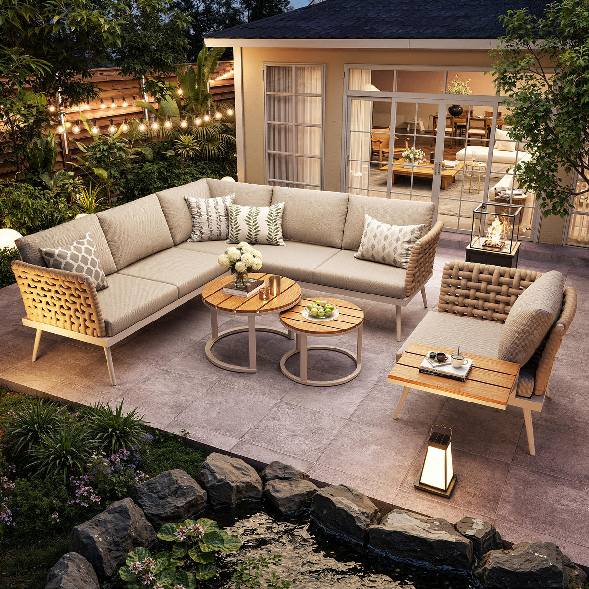 GARTENSET L-Form 6 Personen Beige Inkl. 2 Tische & Sessel Mit Polstern - Beige, Metall - FLIEKS