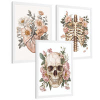 POSTER Set aus 3 Anatomie Mensch Florale Drucke und Wandbilder mit Herz Schädel und Brustkorb Weicher Vintage Stil Größe Weißer Rahmen A4 - Weiß, Papier (21/29.7/3cm) - Nacnic
