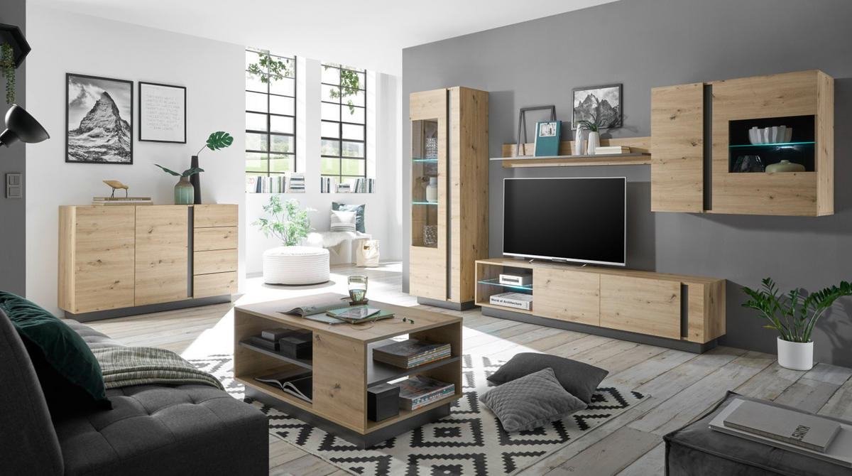 HÄNGEVITRINE Eiche Artisan, Graphit grau 97 cm, Wohnzimmer Vitrine hängend - Eiche Artisan/Grau, Glas/Holz (97/83/40cm) - Furn.Design