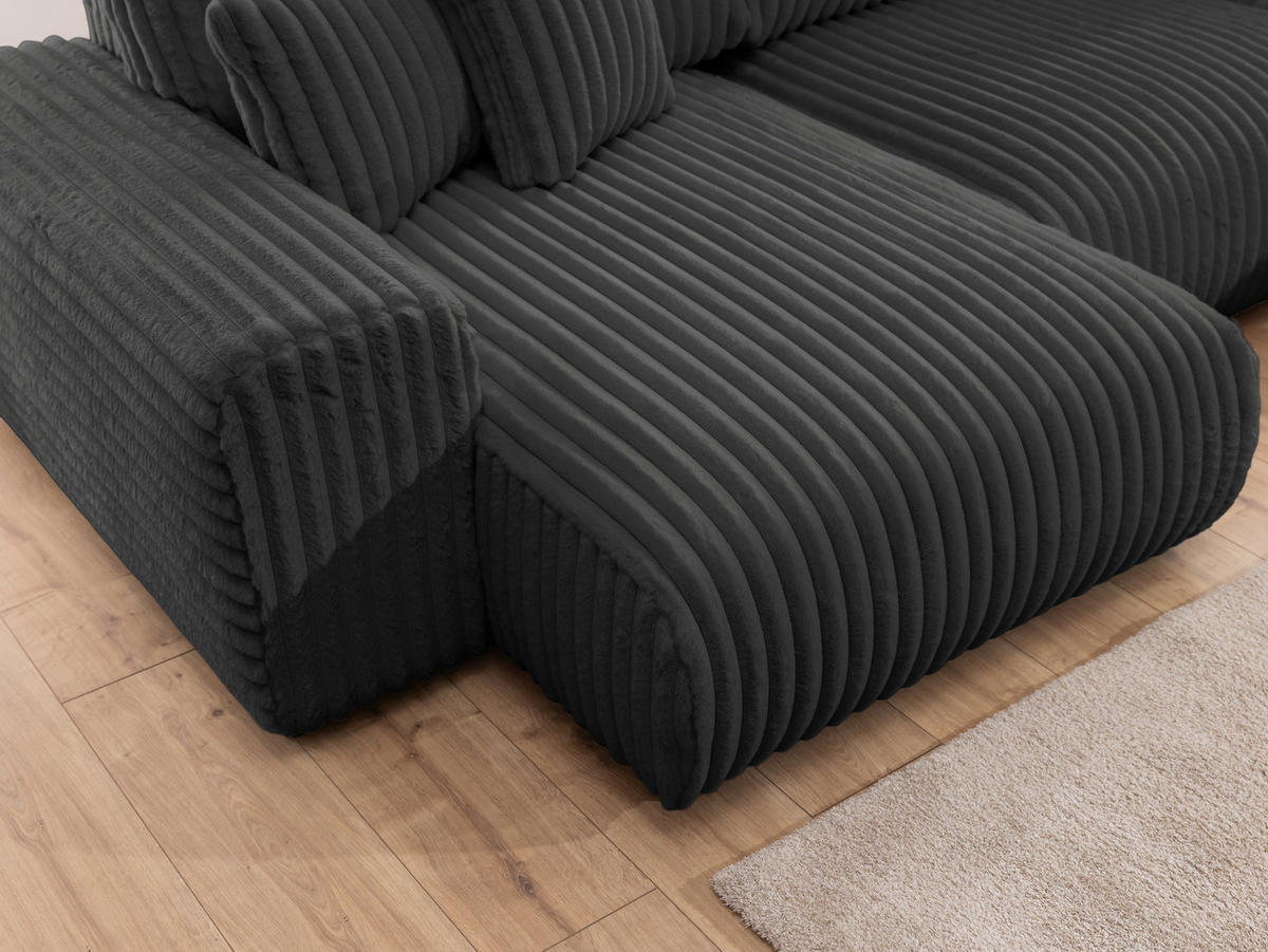 WOHNLANDSCHAFT Mollis Dunkelgrau Plüschcord im XXL-Format - Ottomane Links - Dunkelgrau/Schwarz, Holz/Kunststoff (316/77/194cm) - S-Style Möbel