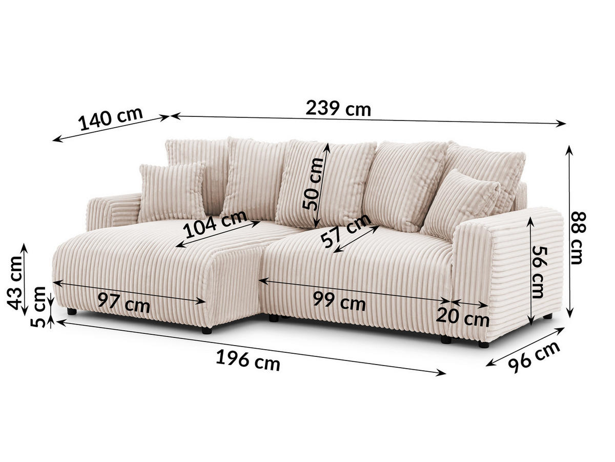 ECKSOFA Calma mit Schlaffunktion und Bettkasten im Bumpy-Design aus weichem Hellbeige Plüschcord - Ottomane links - Beige/Schwarz, Holz/Kunststoff (239/140cm) - S-Style