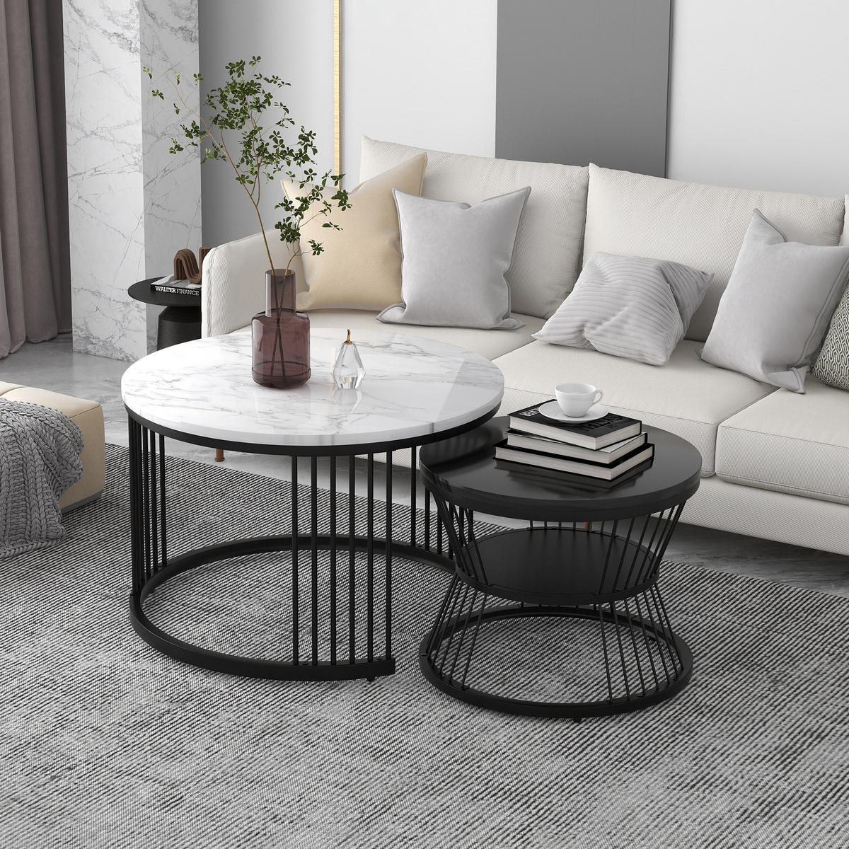COUCHTISCHSET schwarz und weiß - Schwarz/Weiß, Holzwerkstoff/Metall (70/70/45.5cm) - Urban Meuble