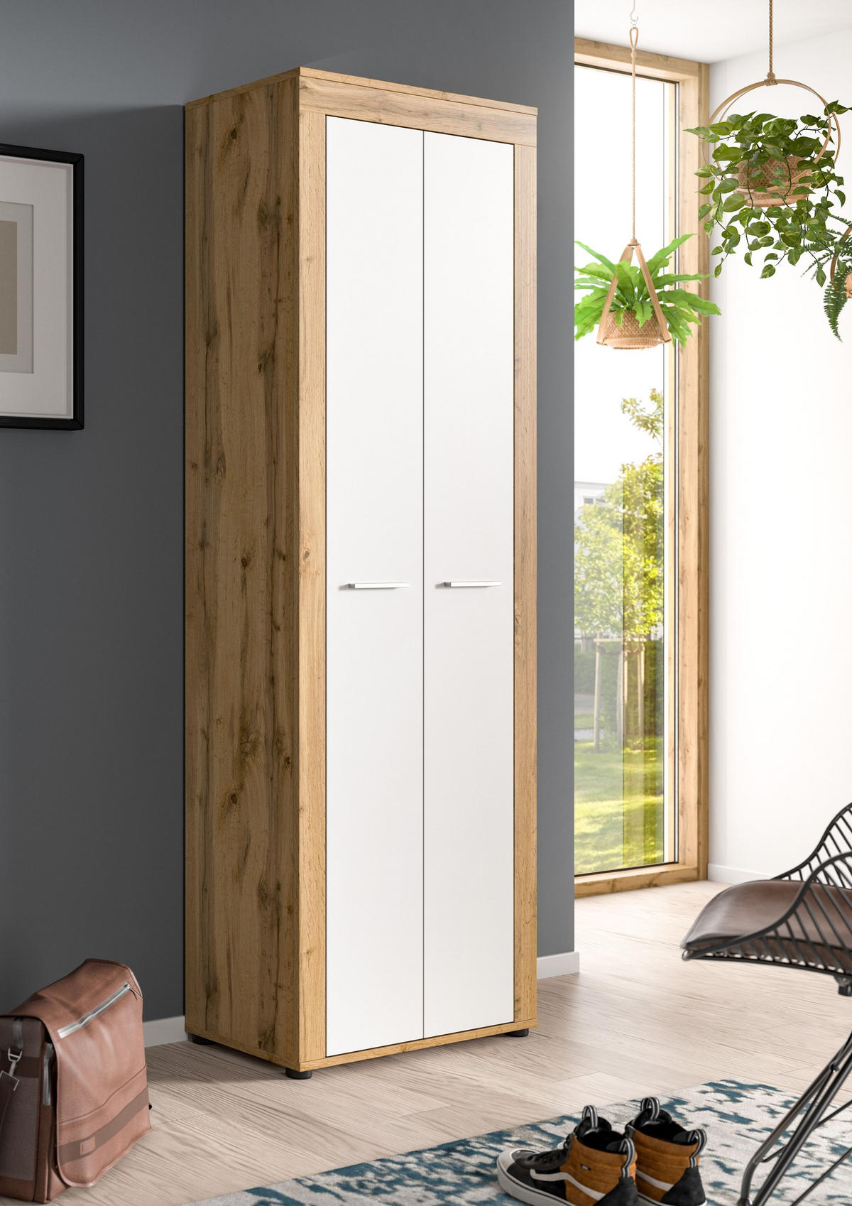 SCHUHSCHRANK JAM (B/H/T: ca. 64/191/35 cm) in Wotan Eiche Nachbildung/weiß - Eichefarben, Holzwerkstoff (64/191/35cm)