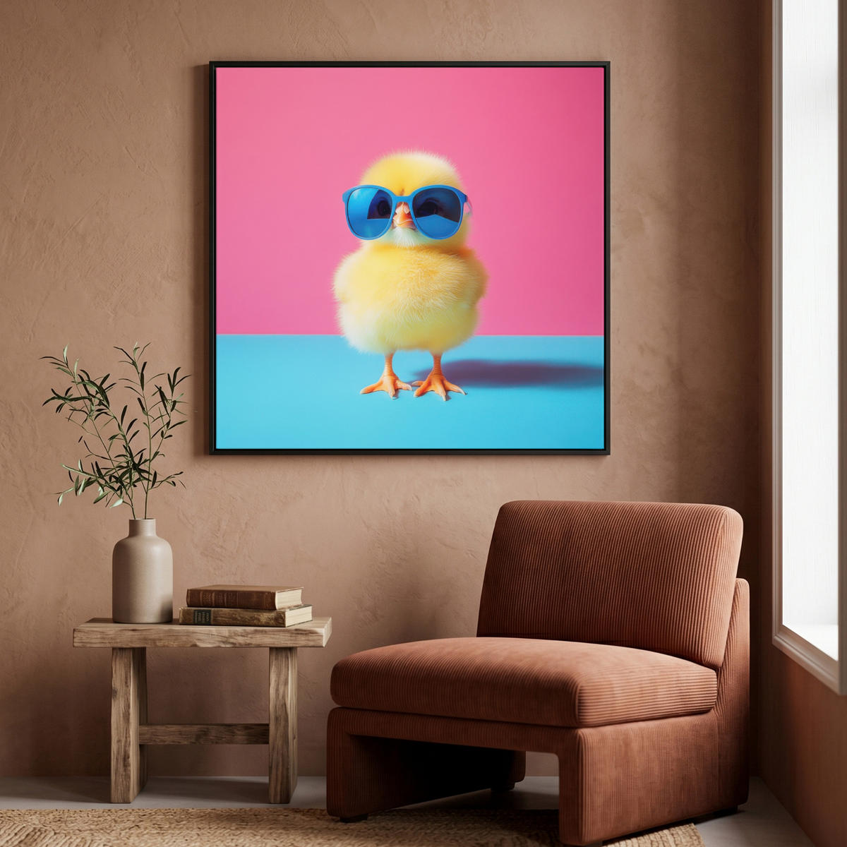 LEINWAND Bilder mit Rahmen - Chick - Sonnenbrille - Blau - 90x90 - Pink, Textil (90/90cm) - MuchoWow