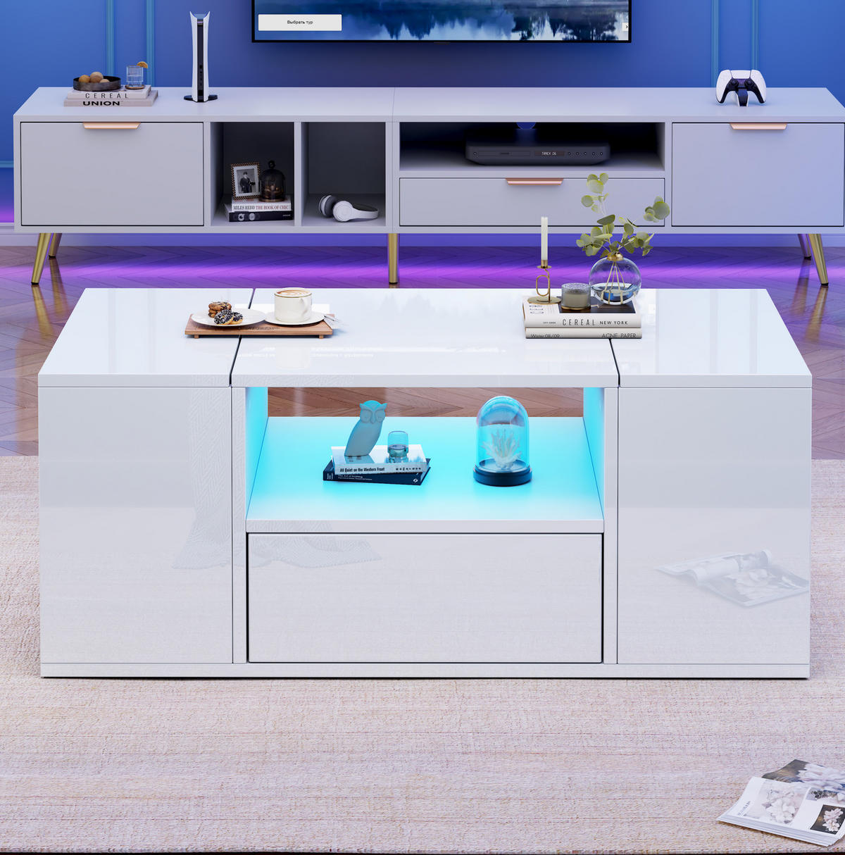 COUCHTISCH 100/50/40 cm in Weiß mit LED-Beleuchtung und viel Stauraum - Weiß, Holzwerkstoff (100/50/40cm) - Flora Grace