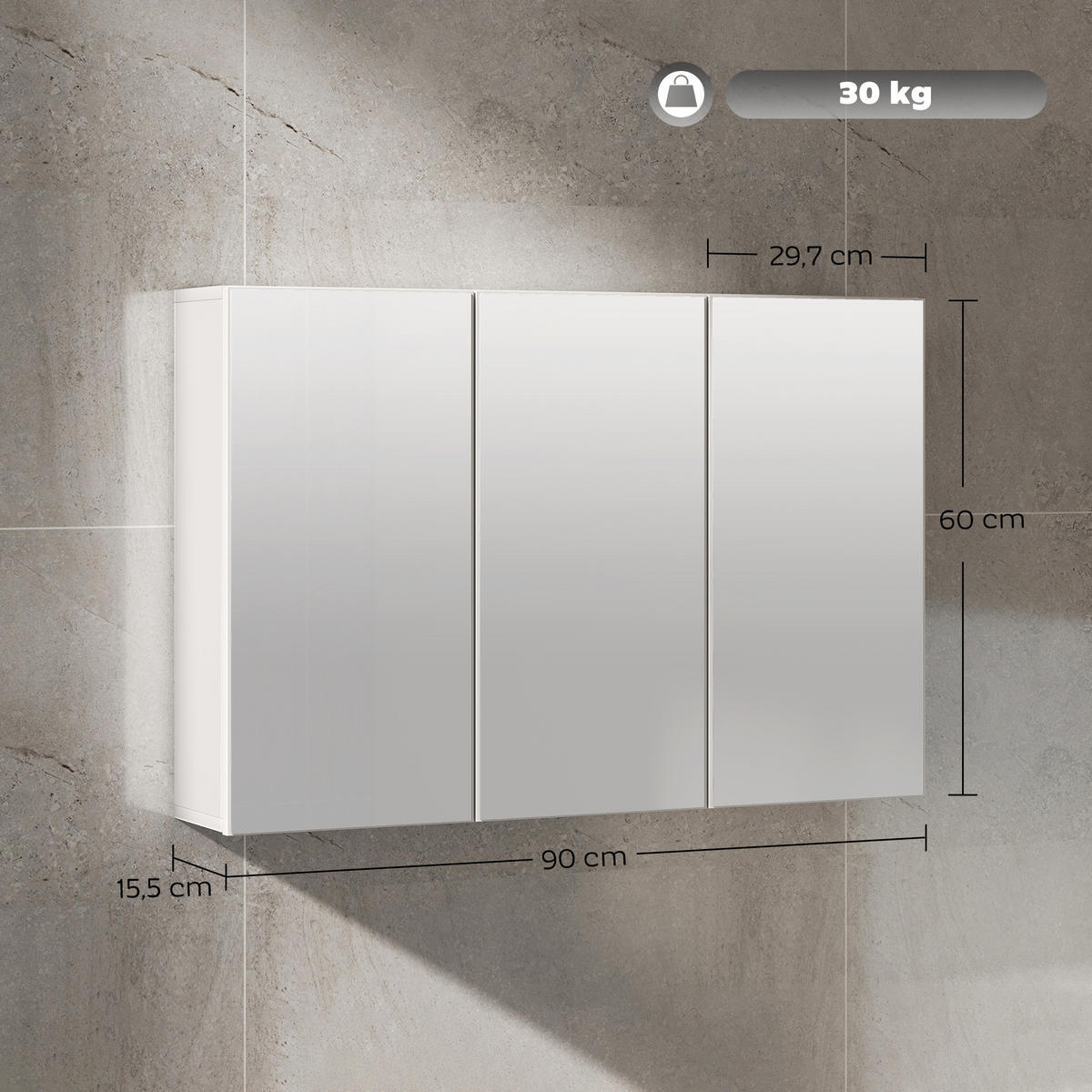 SPIEGELSCHRANK Bad mit 3 Spielgeltüren, Badezimmerschrank mit 5 Regale - Weiß, Holzwerkstoff (15.5/60/90cm) - HOMCOM