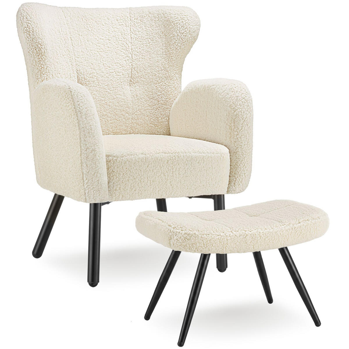 SESSEL MIT HOCKER Vänersborg, Belastbarkeit 120 kg, Bouclé creme/schwarz - Creme/Schwarz, Kunststoff (72/92/71cm) - tectake