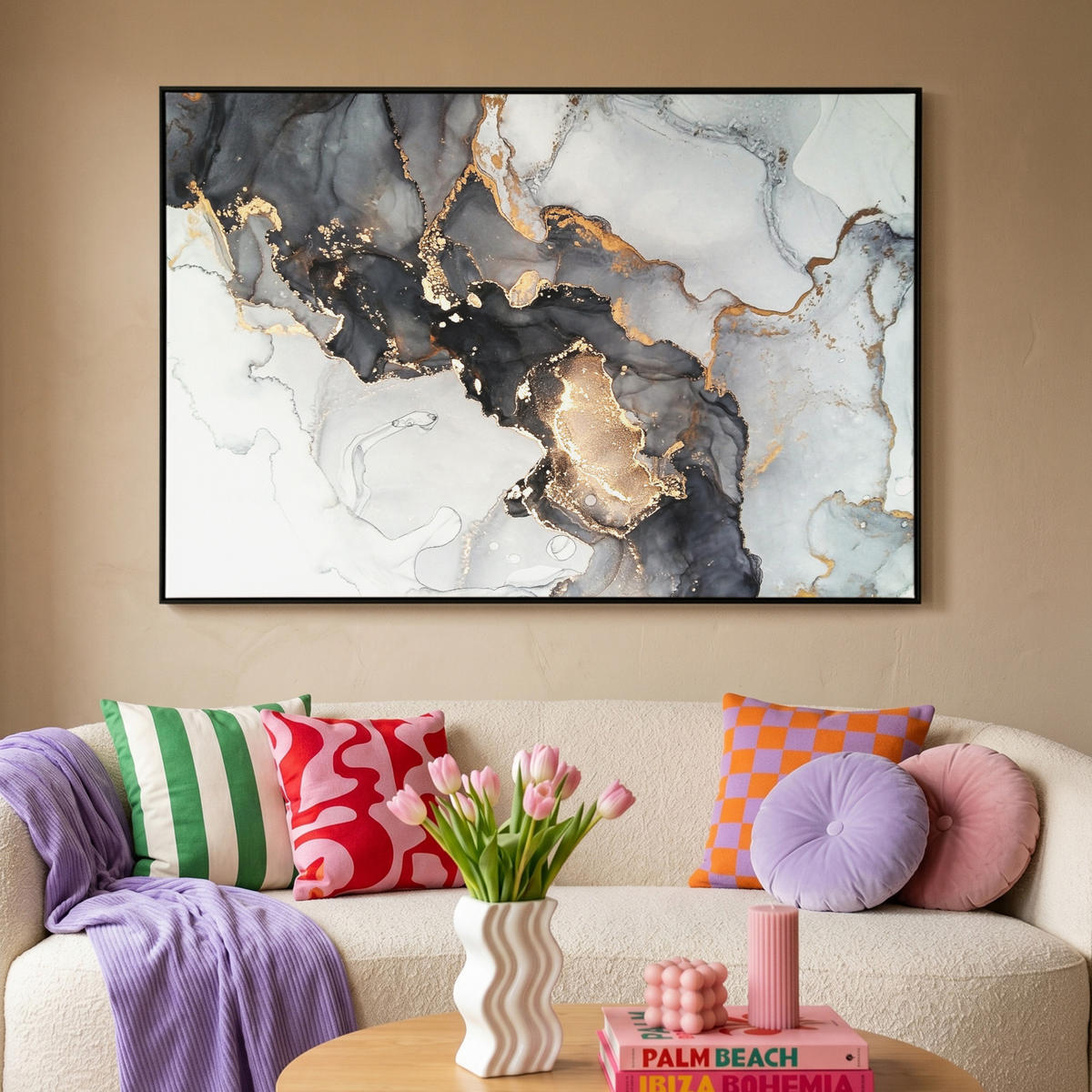 LEINWAND Bilder mit Rahmen - Marmor - Schwarz - Weiß - Gold - Luxus - Abstrakt - 120x80 - Goldfarben, Textil (120/80cm) - MuchoWow