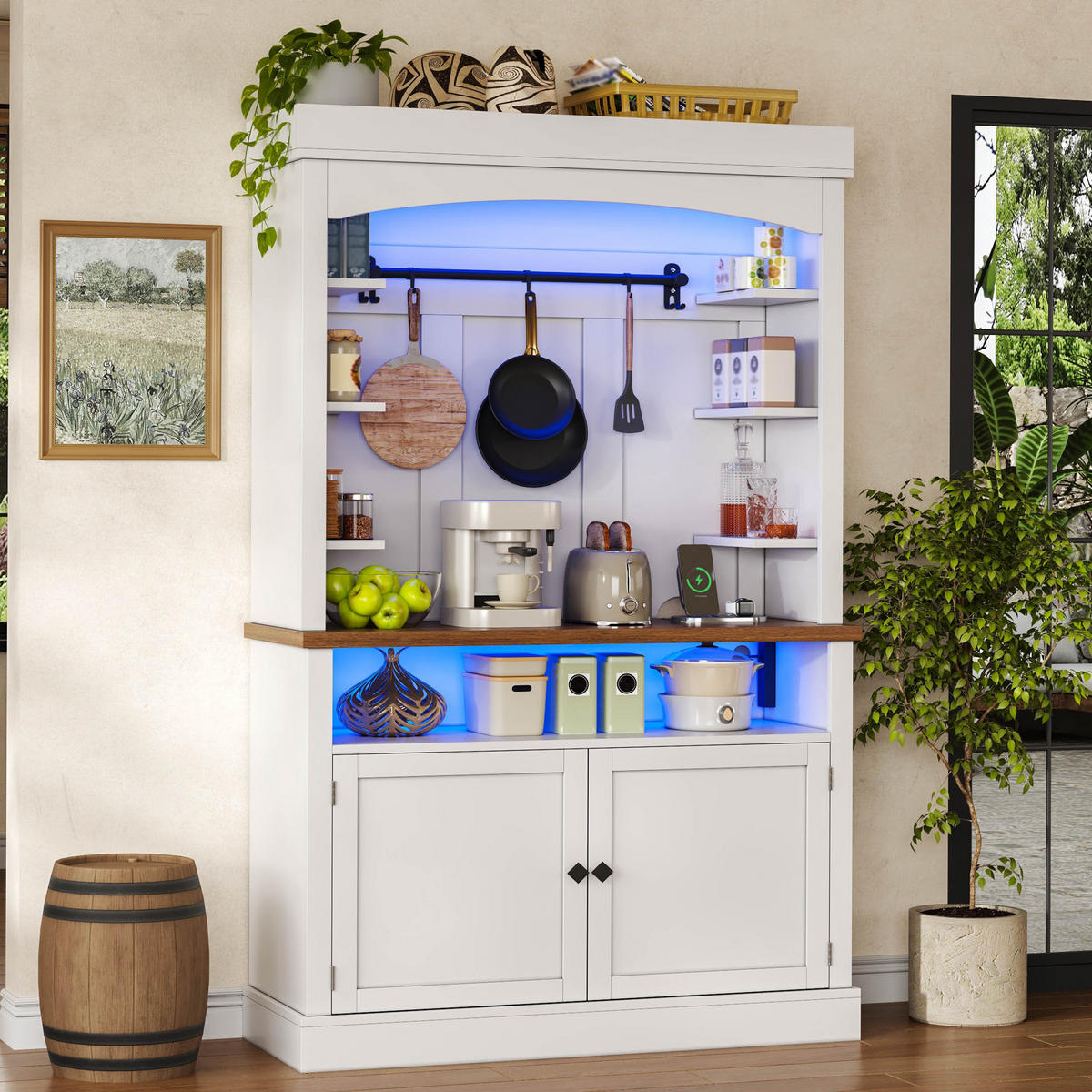 BUFFET 183 cm MDF Weiß mit Bogendesign, RGB-LED und Weinregal - Weiß, Holzwerkstoff (43/183/106cm) - Korfee