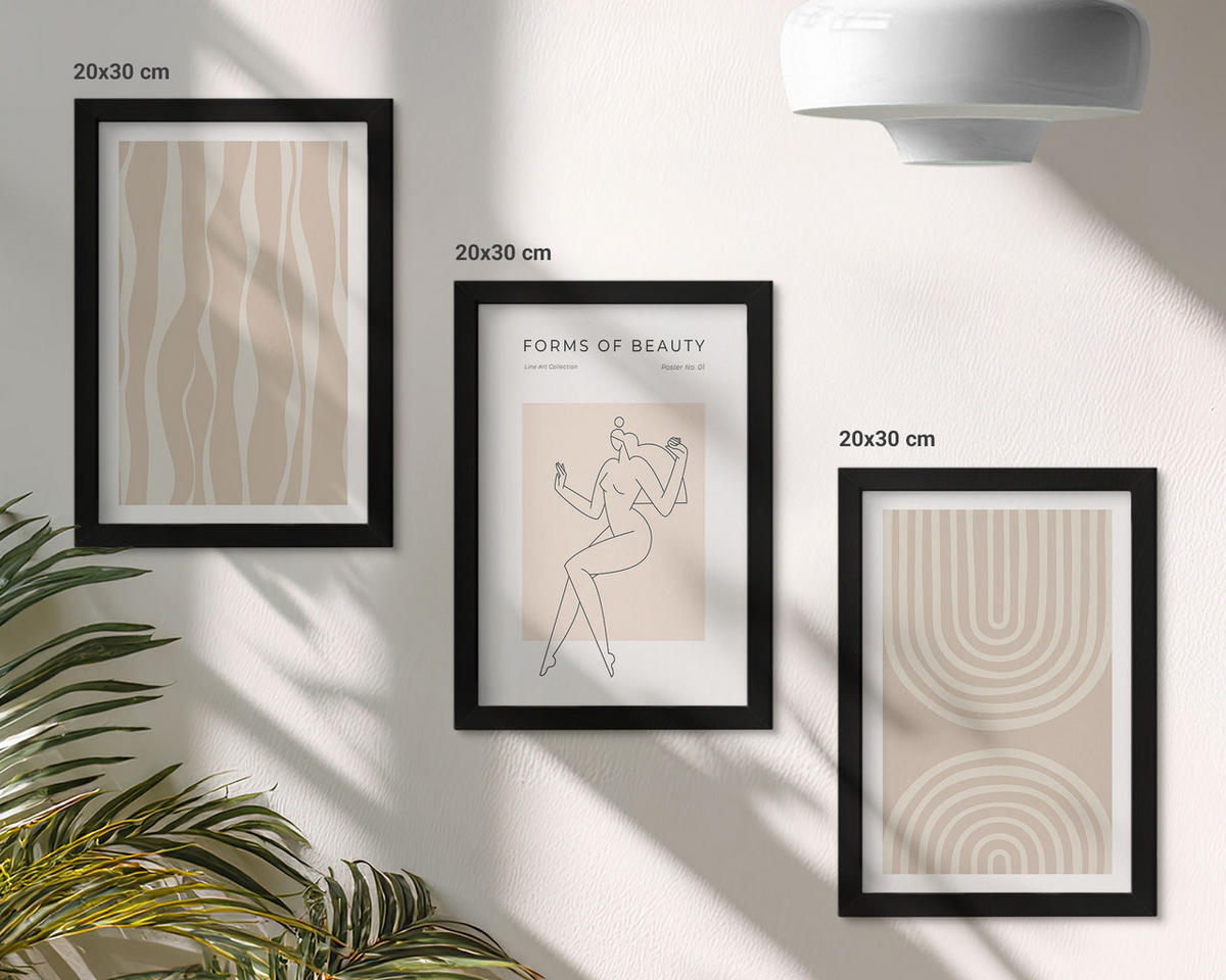 WANDBILDER 3er-Set - 20x30 cm Schwarzer Rahmen - Abstrakte Boho-Dekorationen - Schwarz, Kunststoff (20/30cm) - ArtPrintCave