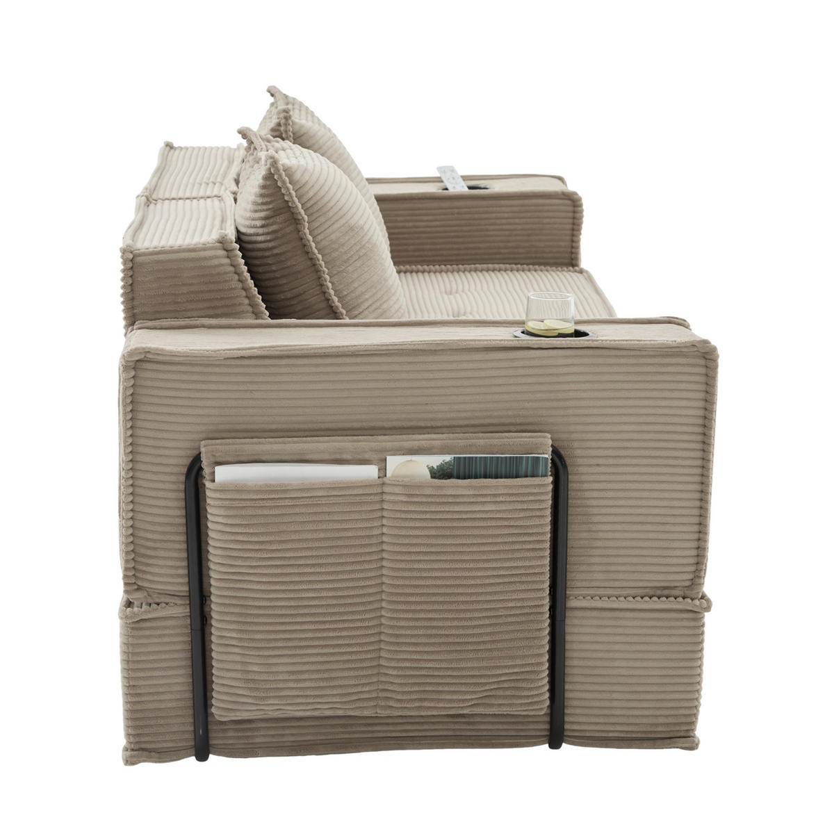 2-SITZER-SOFA 162/78/66 cm mit 2 Kissen, Seitentaschen und modularer Form, Cord Khaki - Beige, Textil (162/66/78cm) - Redom