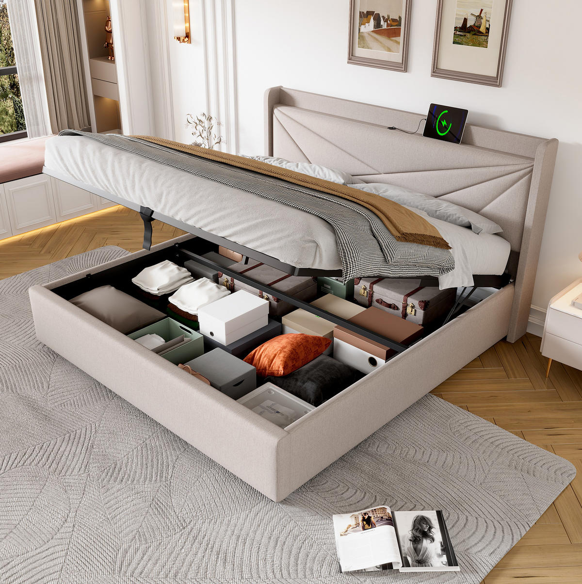 POLSTERBETT 180/200 cm mit Bettkasten & USB/Typ-C-Ladefunktion, geometrisches Kopfteil, Beige - Beige, Textil (180/200cm) - Redom