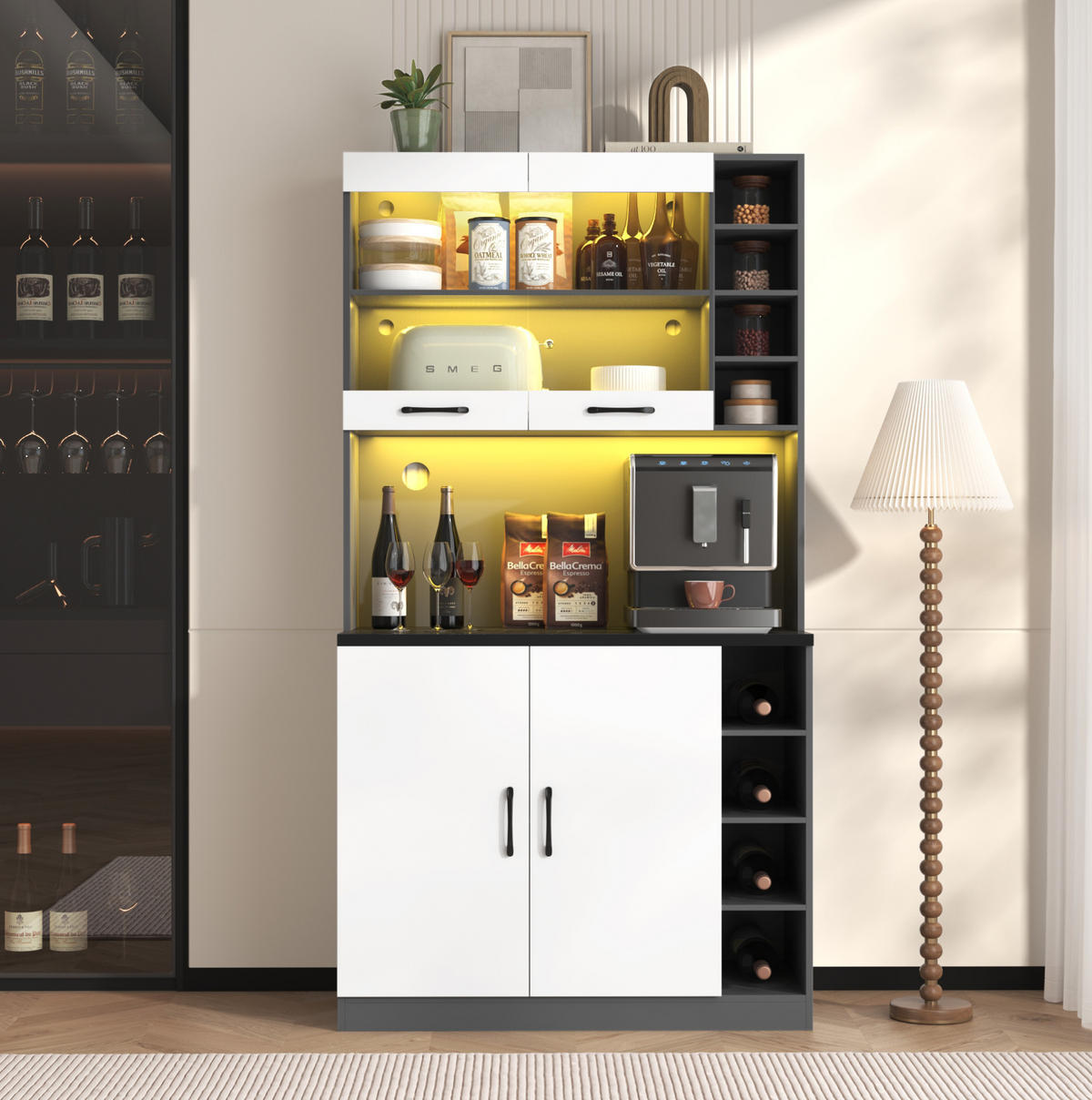 BUFFET 100/47/187 cm grau/weiß aus MDF mit LED-Beleuchtung - Weiß, Holzwerkstoff (100/187/47cm) - OKWISH