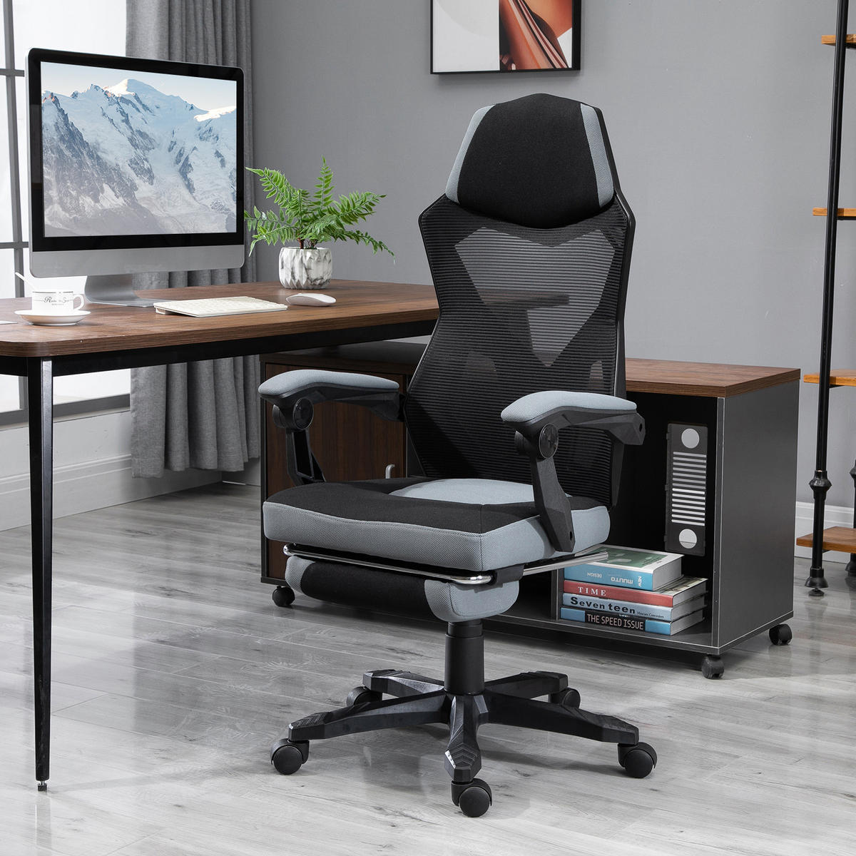 GAMINGSTUHL DE-11667 mit Fußstütze & Mesh Grau/Schwarz - Grau, Metall (160.02/309.88/147.32cm) - ComfortXL