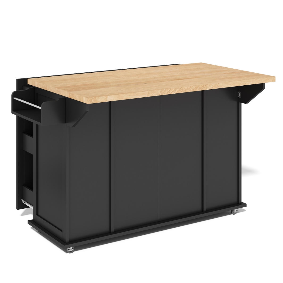 KÜCHENINSEL 120/45/83 cm Schwarz mit klappbarer Arbeitsplatte, 3 vertikalen Schubladen und feststellbaren Rollen - Schwarz, Holz (70/87/120cm) - Oxeza