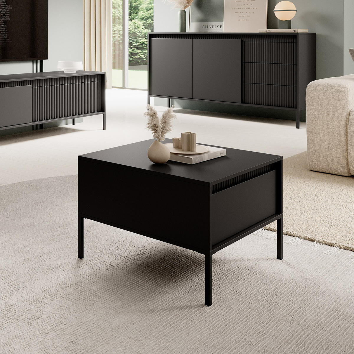 COUCHTISCH Ferrato F 68x68 cm Schwarz Matt - mit 1 Schublade i Riffel-Leiste - Schwarz, Holz/Holzwerkstoff (68/68/48cm) - Ravio