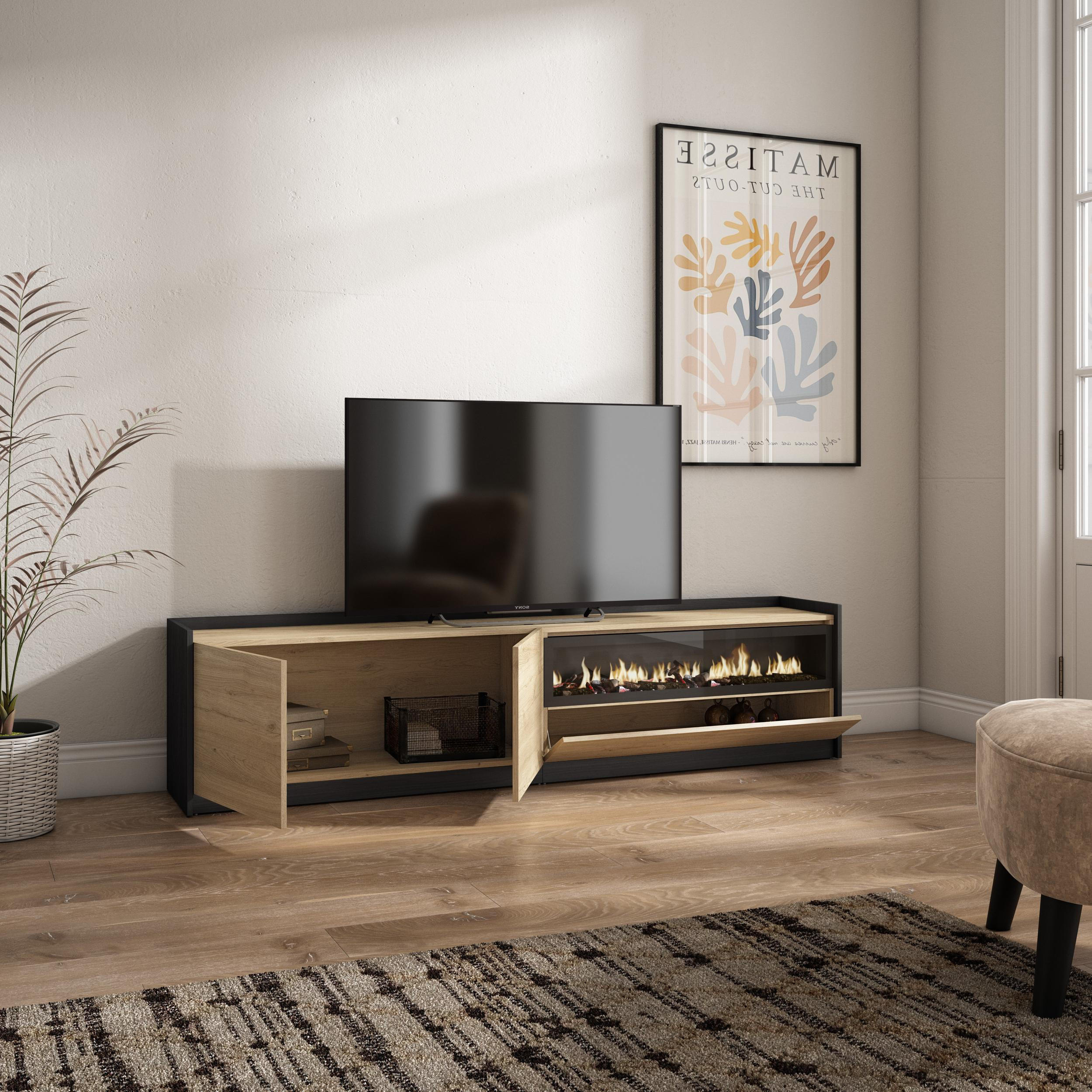 TV-SCHRANK, Lowboard, Eiche Schwarz, Elektrokamin, 207/37/50cm - Eichefarben, Holzwerkstoff (207/50/37cm) - Skraut Home