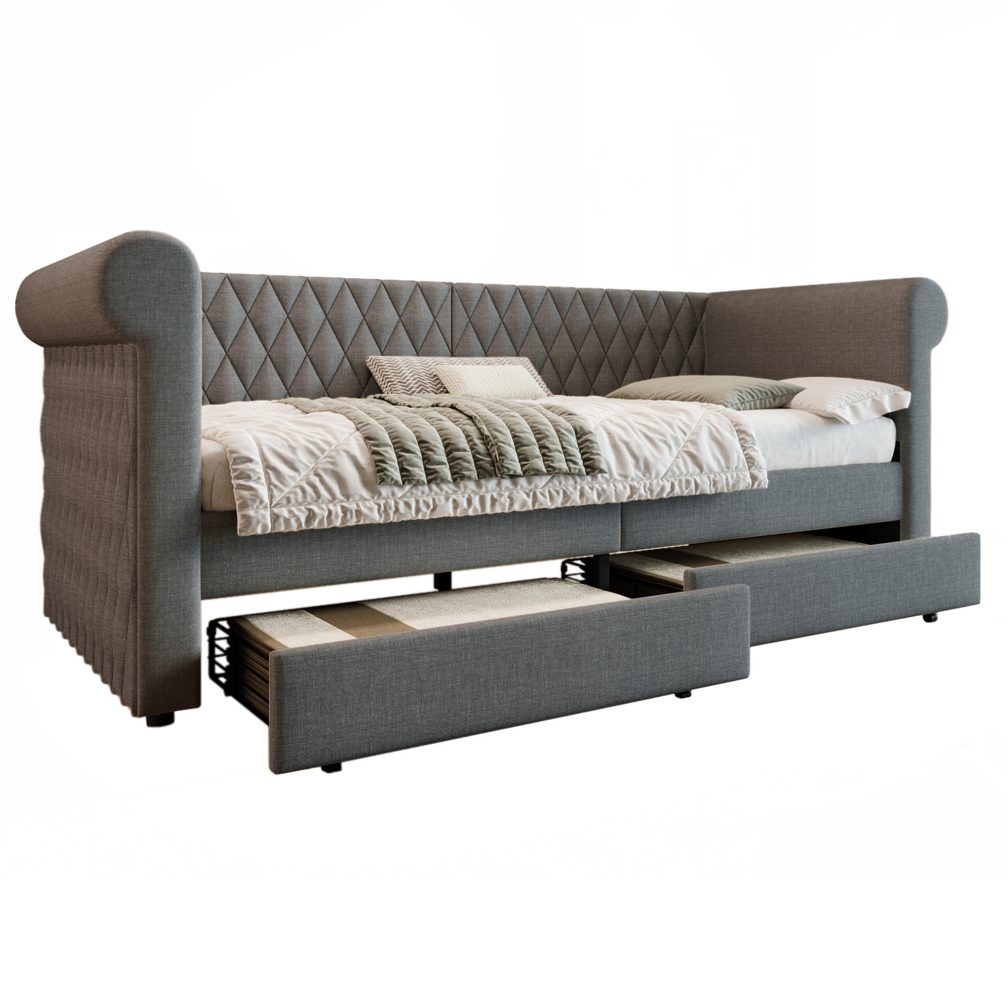 BETT Vintage Kopfteil mit 2 Schubladen Grau Leinen 90/200 cm - Grau, Textil (90/200cm) - OKWISH