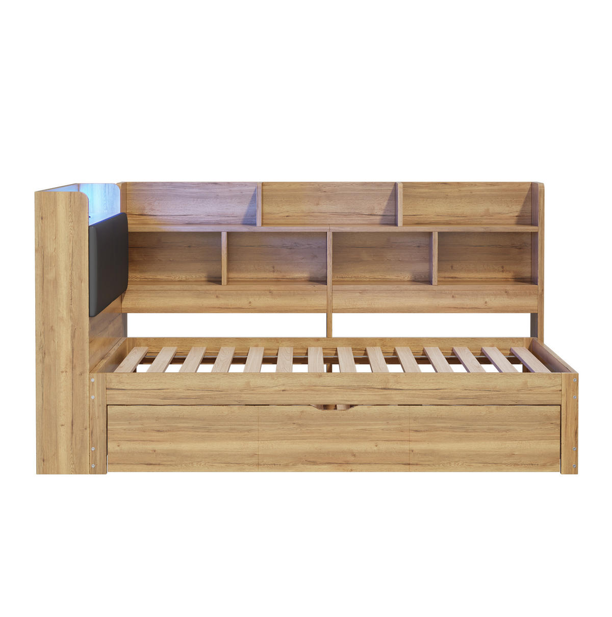 KINDERBETT 90/200 cm aus MDF mit Ausziehbett 90/190 cm, LED und USB - Naturfarben, Holzwerkstoff (90/200cm) - BEAOK