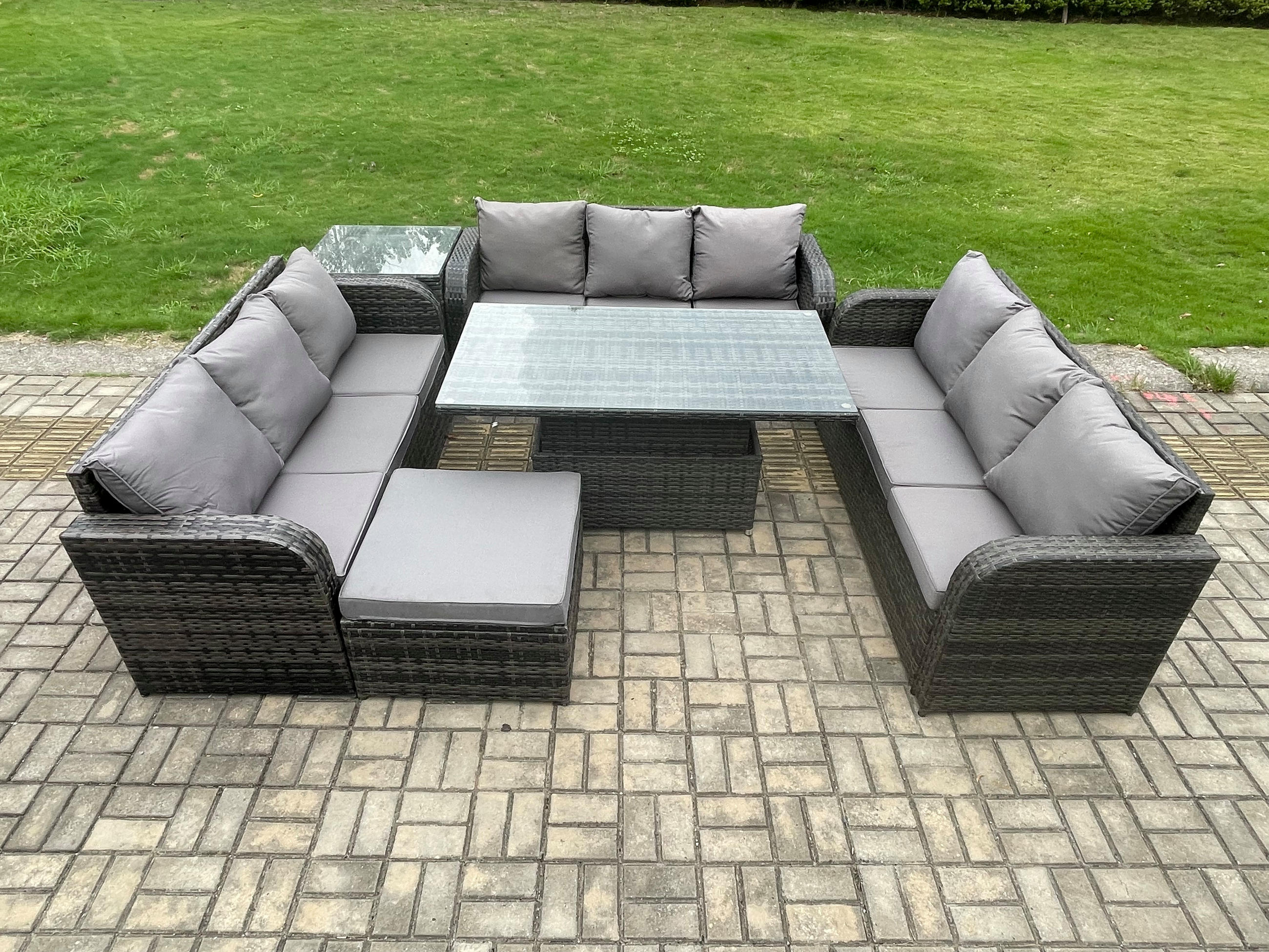 GARTENSOFA SET Polyrattan 10-Sitzer - Dunkelgrau/Grau, Glas/Kunststoff - Fimous