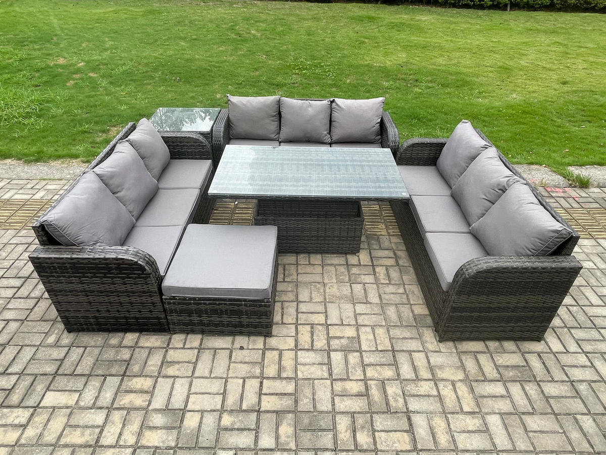 GARTENSOFA SET Polyrattan 10-Sitzer - Dunkelgrau/Grau, Glas/Kunststoff - Fimous
