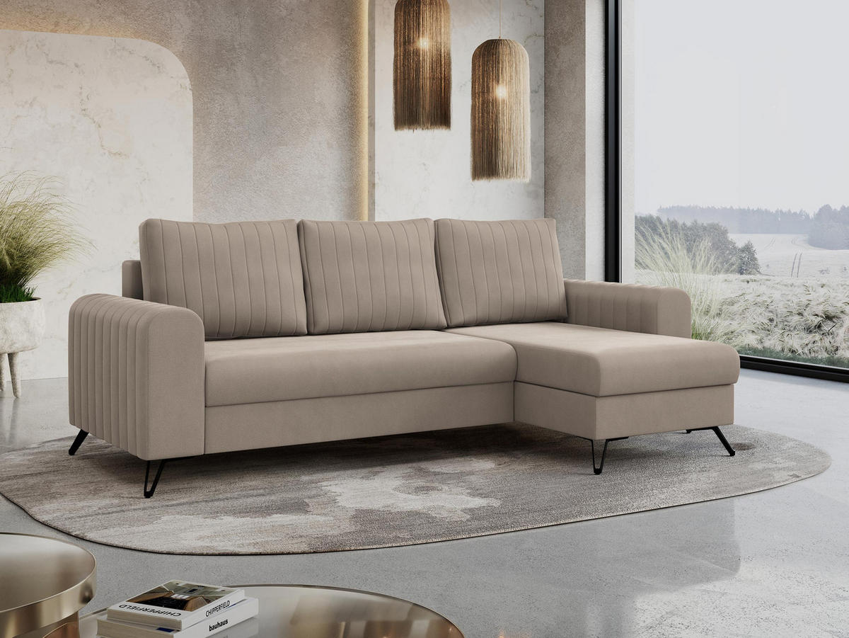 ECKSOFA Axel Samt Beige - Beige/Schwarz, Textil/Metall (242/140cm) - MKS
