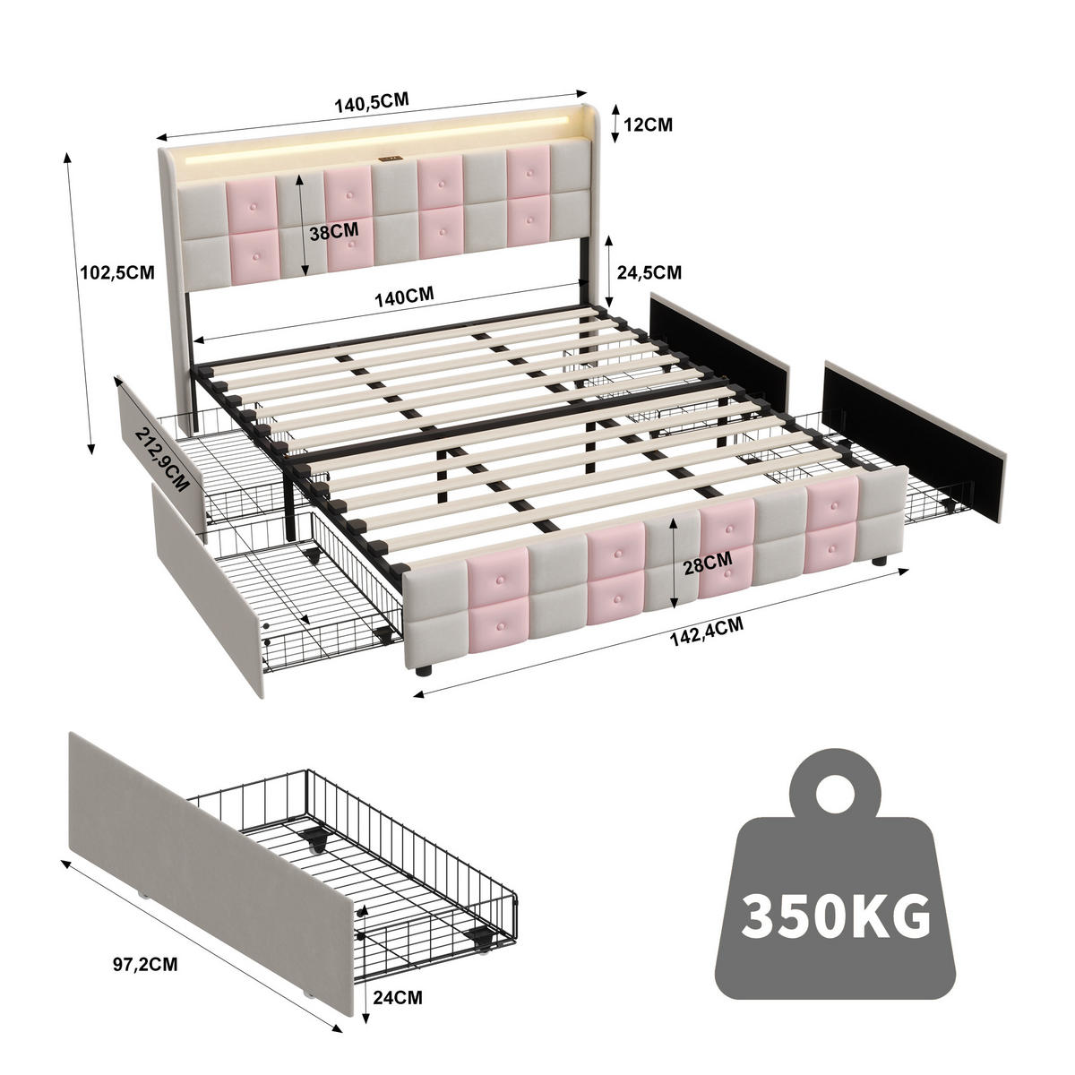 POLSTERBETT 140x200 cm mit LED, USB & Schubladen, Weiß/Rosa - Rosa, Metall (140/200cm) - EuroLiving