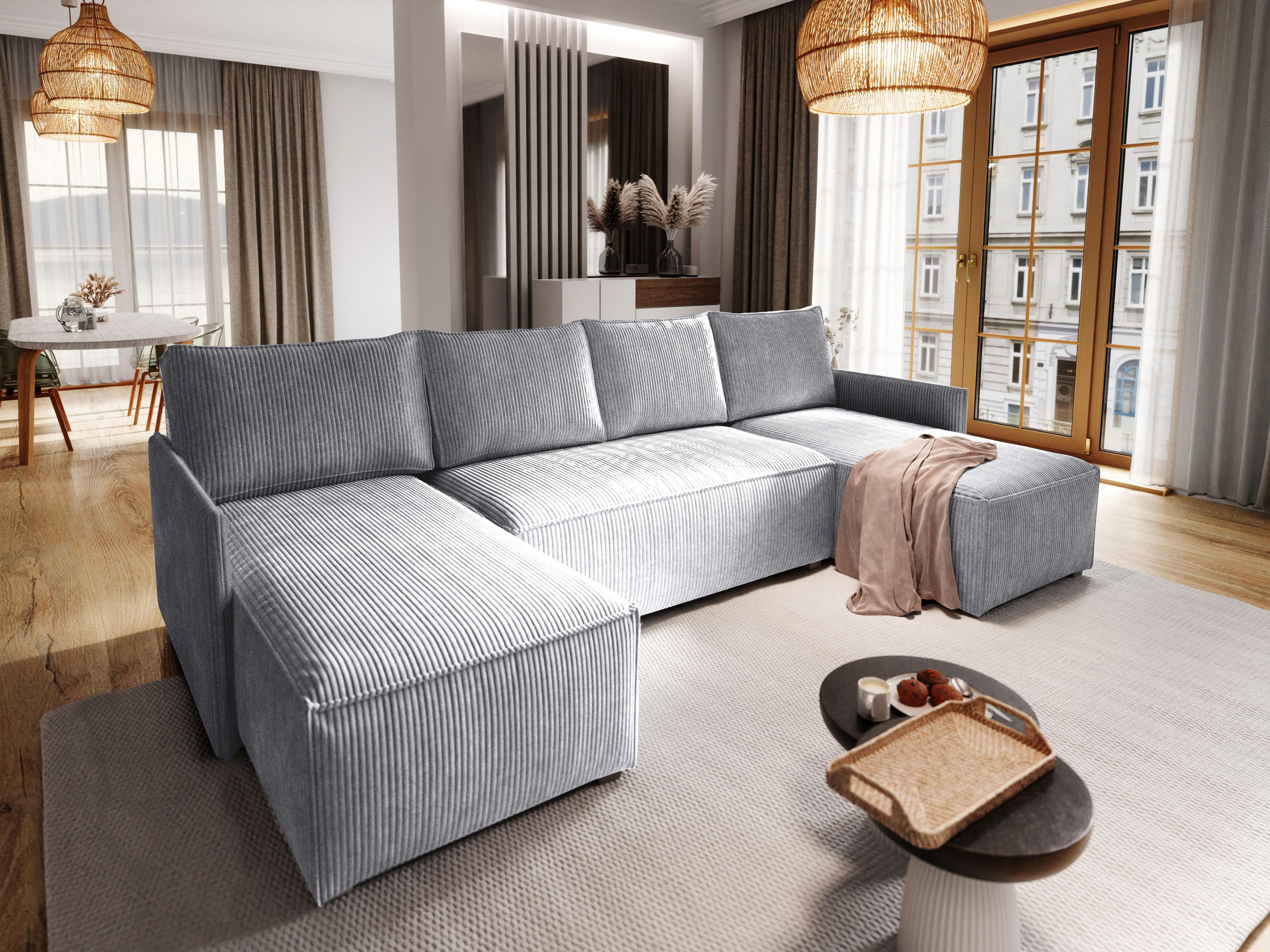 WOHNLANDSCHAFT TRES Hellgrau Kordstoff mit Schlaffunktion - Hellgrau, Holz (271/85/140cm) - MASSENO