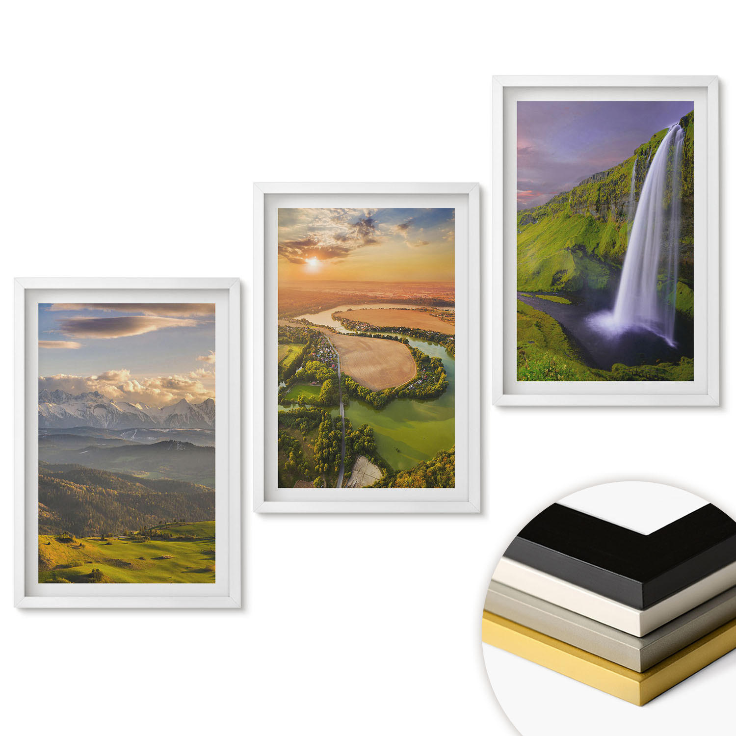 WANDBILDER 3er-Set - 40x60 cm Weißer Rahmen - Gebirgsflüsse, Wasserfälle, Natur - Weiß, Kunststoff (40/60cm) - ArtPrintCave