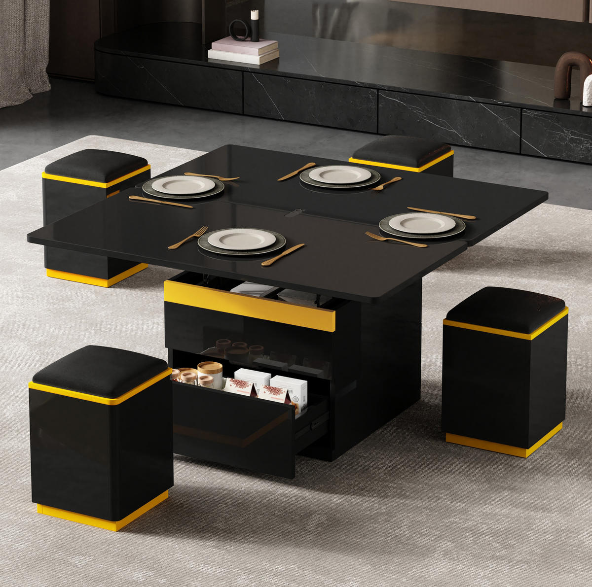 COUCHTISCH aus MDF und Spanplatte 100x50x43 cm Schwarz-Gelb mit Klappfunktion, Stauraum und 4 Hockern - Schwarz, Holzwerkstoff (100/50/43cm) - IVMEU