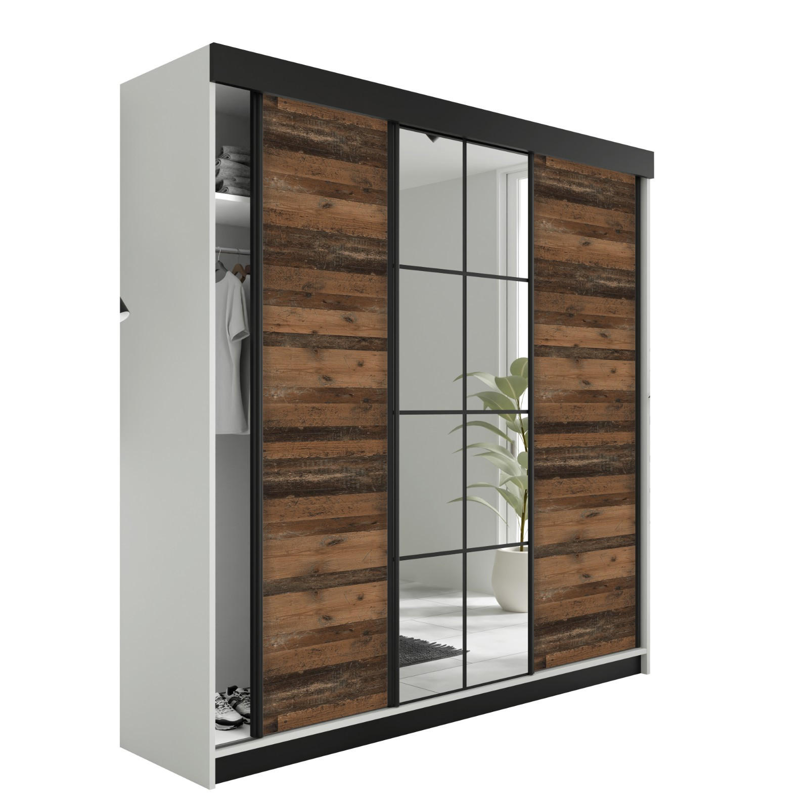 SCHIEBETÜRENSCHRANK LAMARO - 200x205x59cm - Weiß & Old Style - Dunkelbraun/Weiß, Holzwerkstoff (200/205/59cm) - Kier Furniture