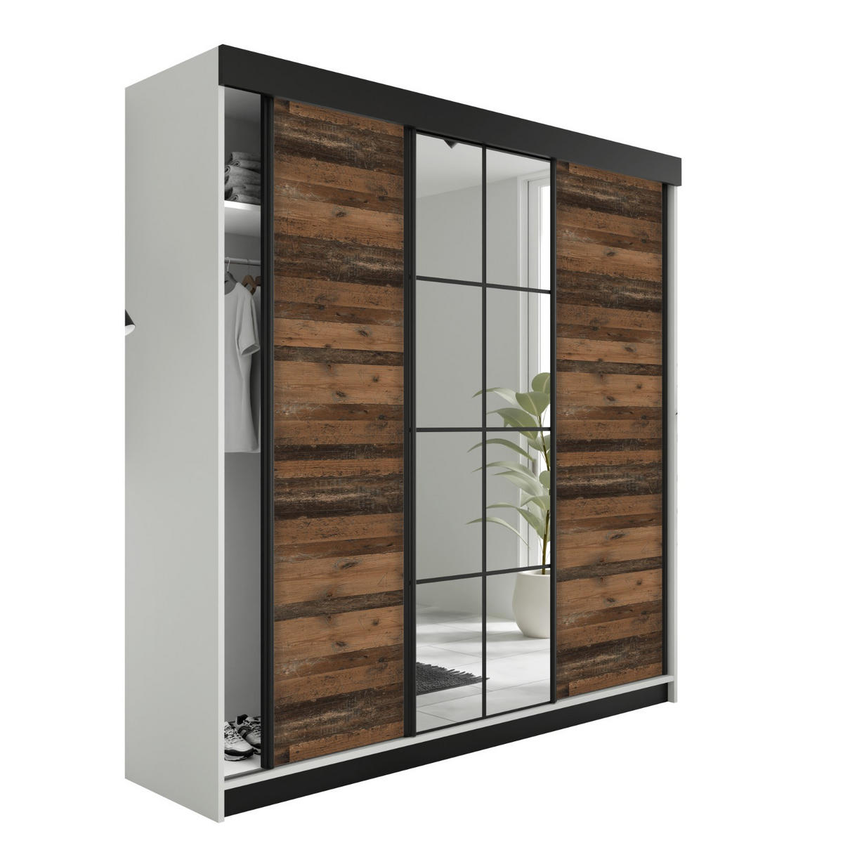 SCHIEBETÜRENSCHRANK LAMARO - 250x205x59cm - Weiß & Old Style - Dunkelbraun/Weiß, Holzwerkstoff (250/205/59cm) - Kier Furniture